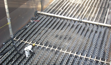 Diffusers line the bottoms of the aeration tanks